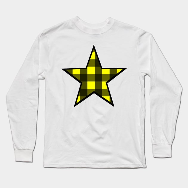 Yellow and Black Buffalo Plaid Star Long Sleeve T-Shirt by bumblefuzzies